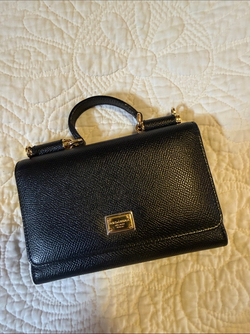 Dolce & Gabbana Black Pebbled Leather Top-Handle Satchel with Gold Hardware